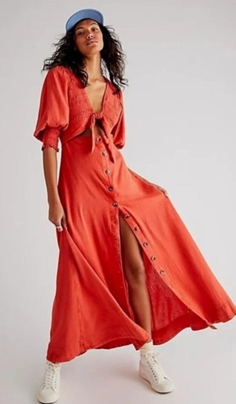 Free People Red Orange String of Hearts Button Down Puff Sleeve Maxi Dress Small